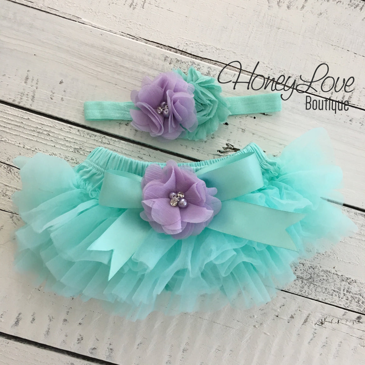 Mint/Aqua and Lavender Purple Embellished tutu skirt bloomers and headband - HoneyLoveBoutique