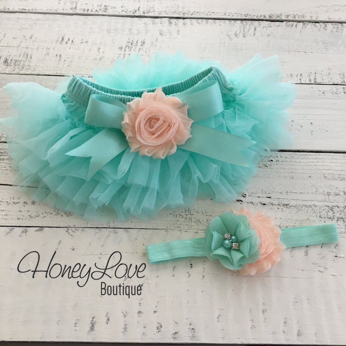 Mint/Aqua and Peach Embellished tutu skirt bloomers and headband - HoneyLoveBoutique