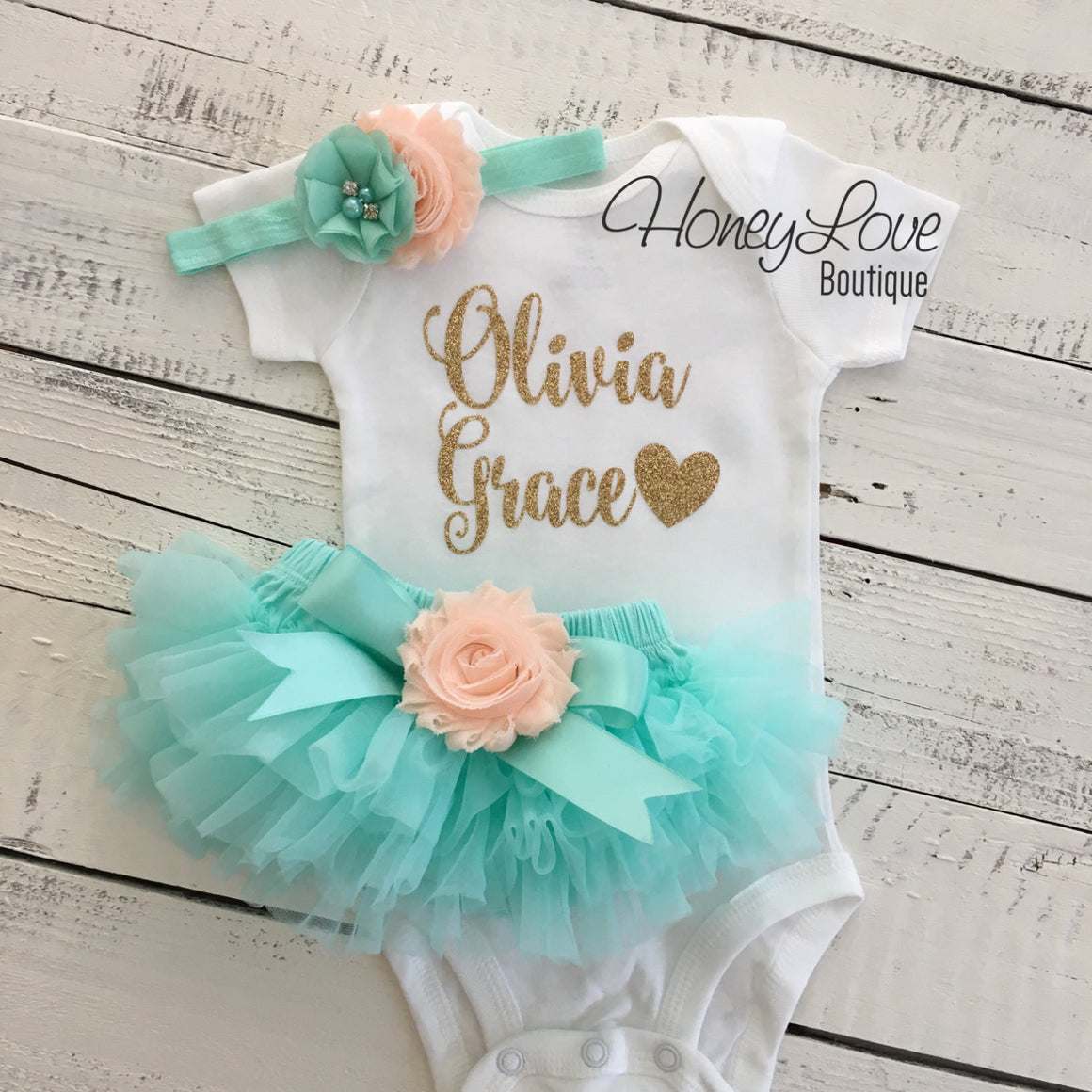 PERSONALIZED Name Outfit - Mint/Aqua and Gold Glitter - Peach flower embellished tutu skirt bloomers - HoneyLoveBoutique