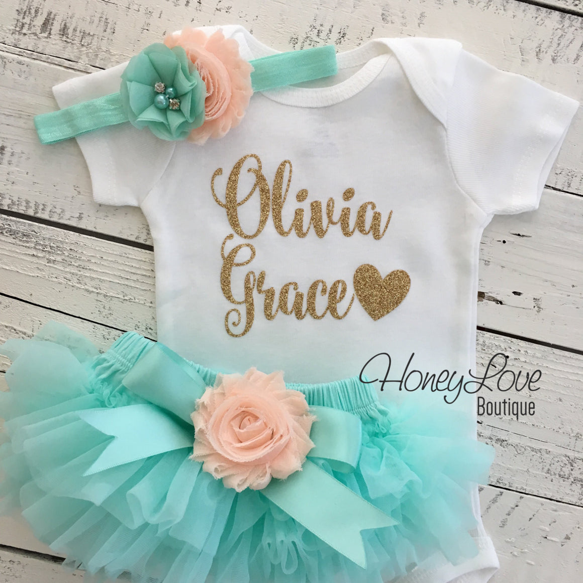 PERSONALIZED Name Outfit - Mint/Aqua and Gold Glitter - Peach flower embellished tutu skirt bloomers - HoneyLoveBoutique