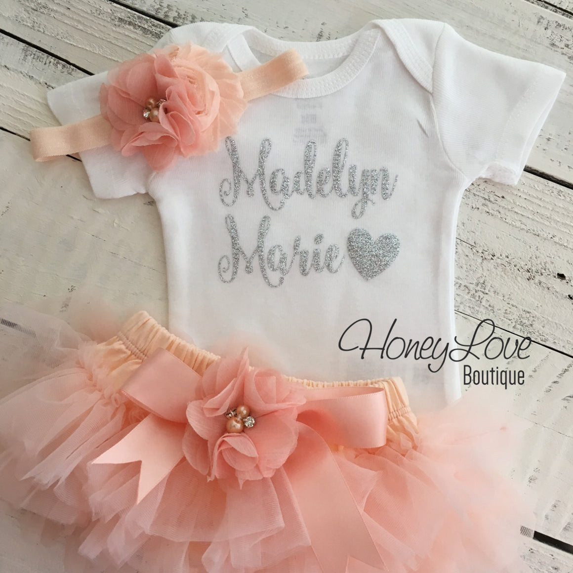 PERSONALIZED Name Outfit - Silver Glitter and Peach - embellished tutu skirt bloomers - HoneyLoveBoutique