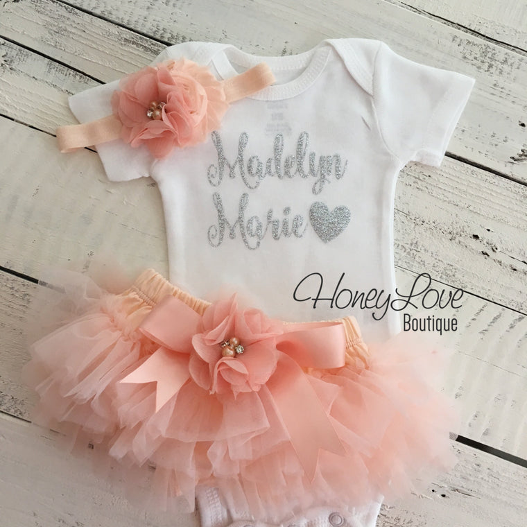 PERSONALIZED Name Outfit - Silver Glitter and Peach - embellished tutu skirt bloomers - HoneyLoveBoutique