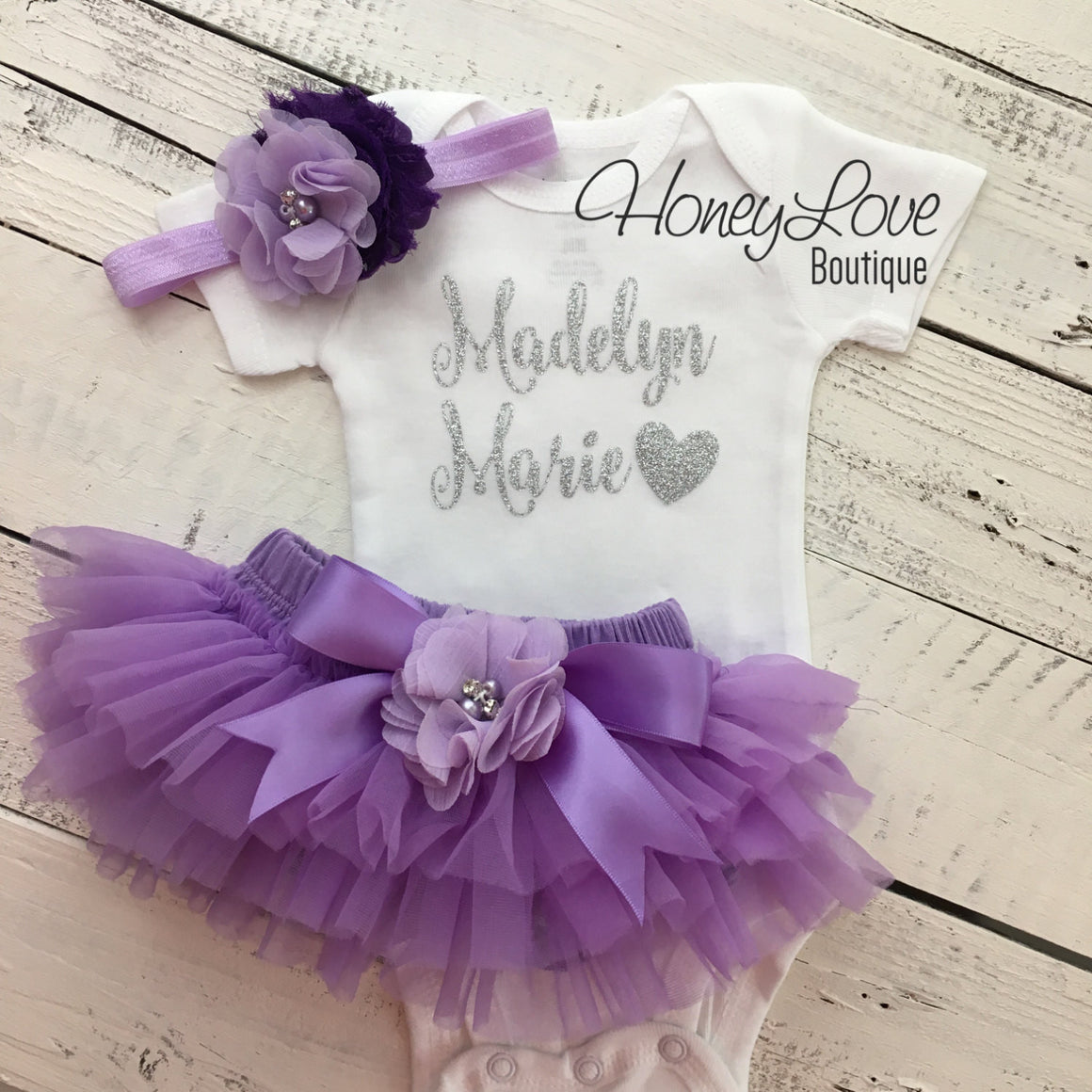 PERSONALIZED Name Outfit - Silver Glitter and Lavender Purple - embellished bloomers - HoneyLoveBoutique