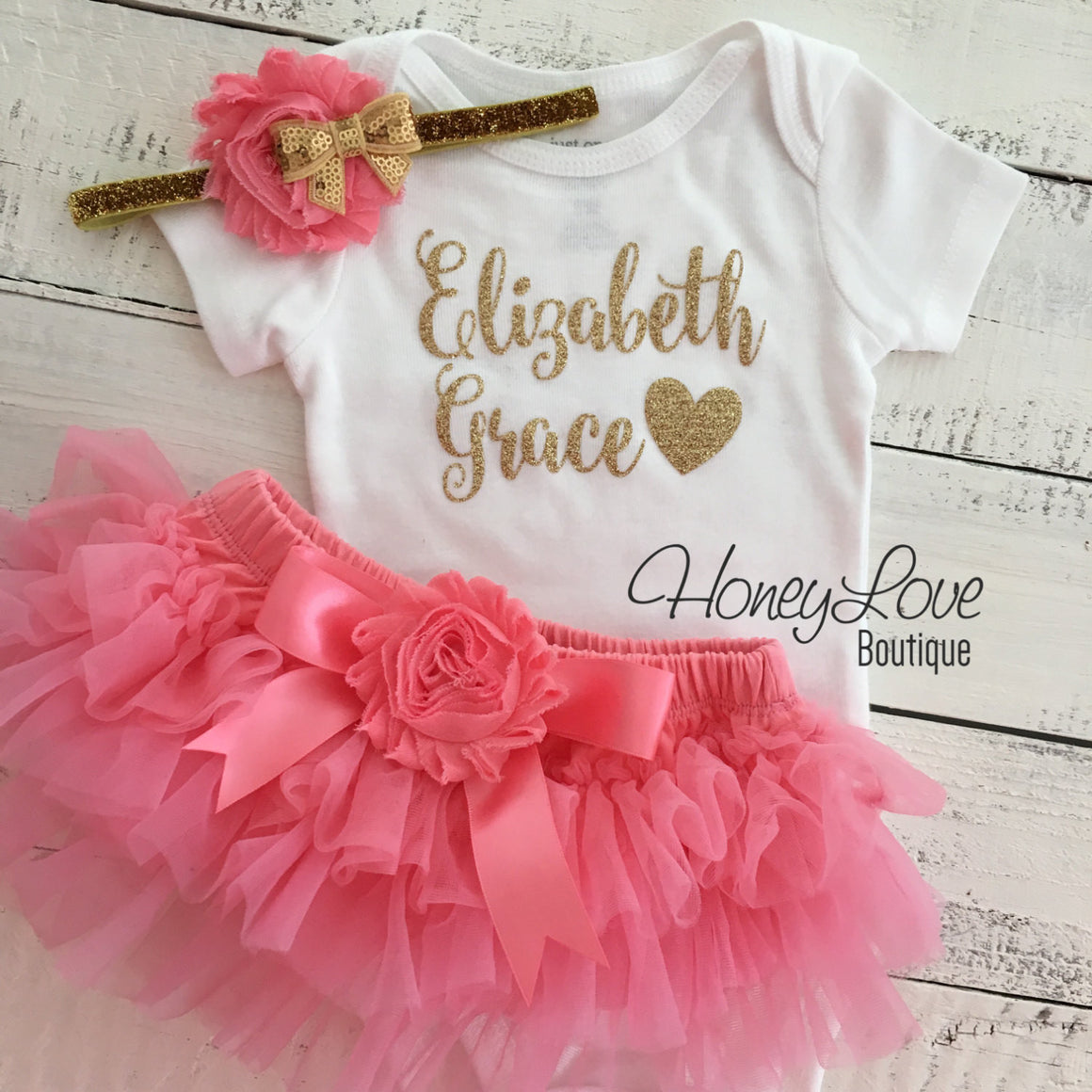 PERSONALIZED Name Outfit - Gold Glitter and Coral Pink - embellished tutu skirt bloomer - HoneyLoveBoutique