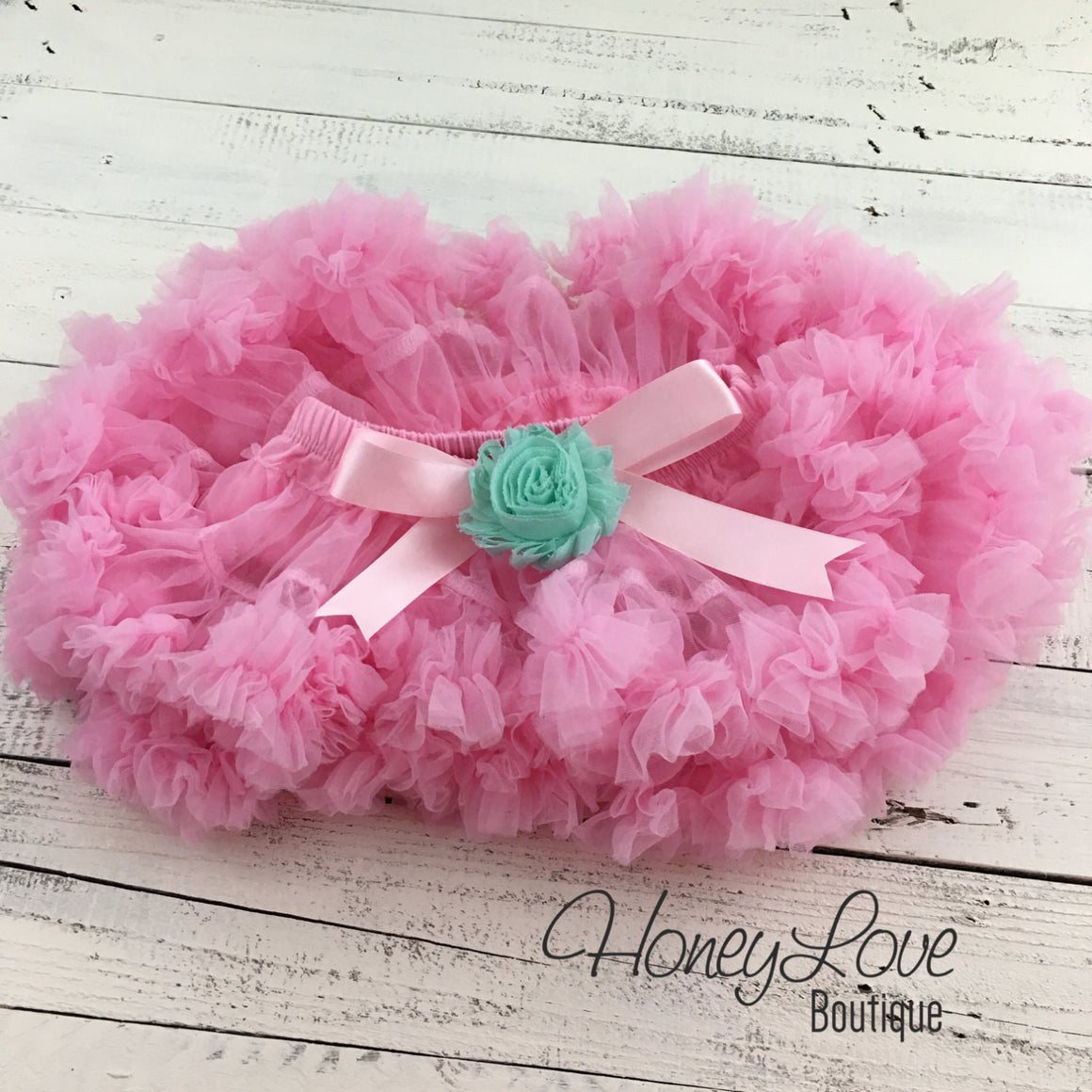 Light Pink Pettiskirt - embellished mint aqua blue flower - HoneyLoveBoutique