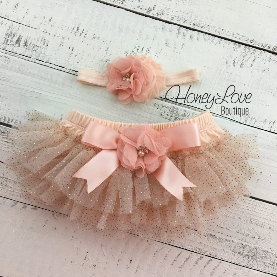 PERSONALIZED Name Outfit - Peach and Gold Glitter - embellished bloomer - HoneyLoveBoutique