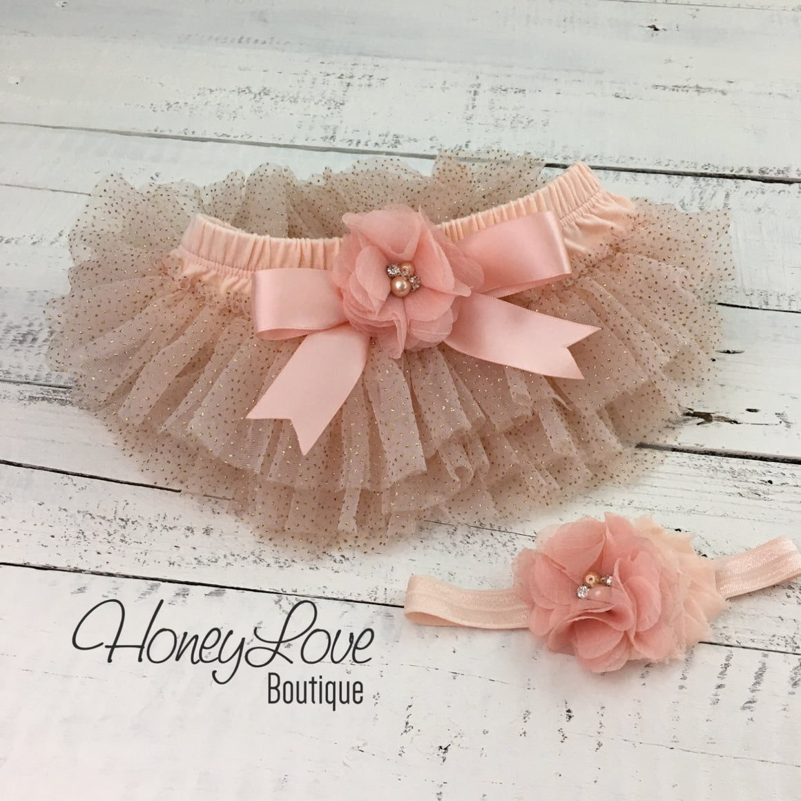 Peach and gold glitter tutu skirt bloomer with matching headband - embellished tutu skirt bloomers - HoneyLoveBoutique