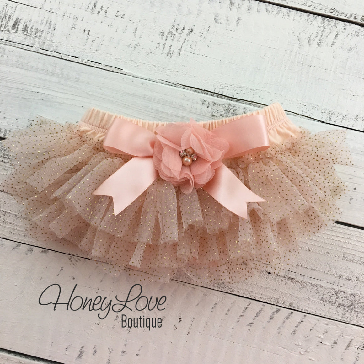 Peach and gold glitter tutu skirt bloomer with matching headband - embellished tutu skirt bloomers - HoneyLoveBoutique