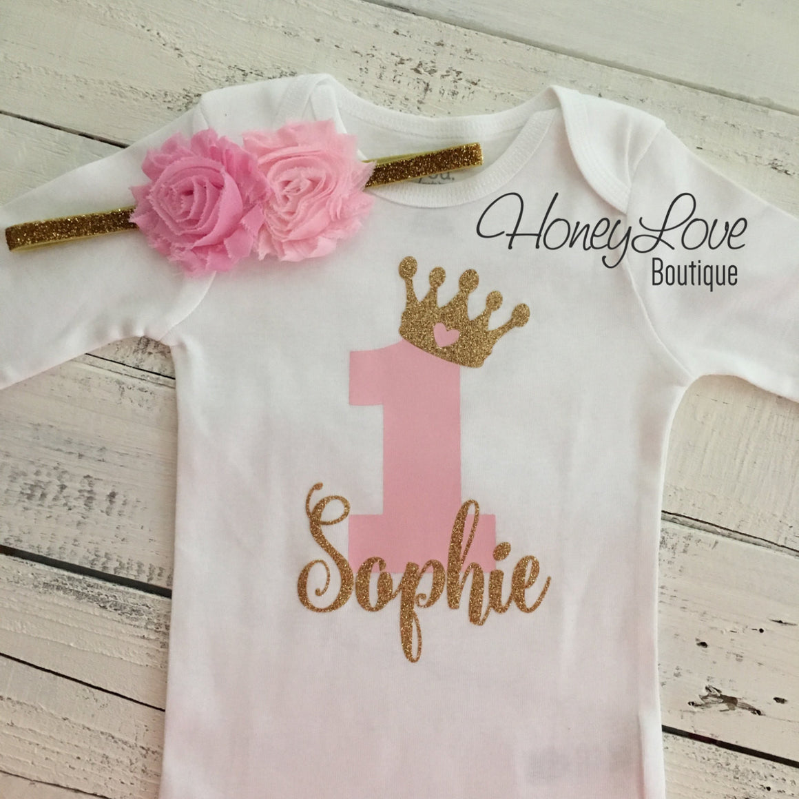 Personalized 1st Birthday Princess outfit - Gold Glitter and Light Pink - embellished pettiskirt - HoneyLoveBoutique