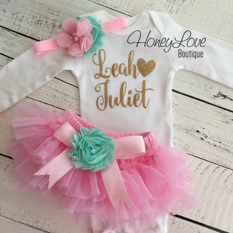 PERSONALIZED Name Outfit - Light Pink and Gold Glitter - Mint/Aqua flower embellished tutu skirt bloomers - HoneyLoveBoutique