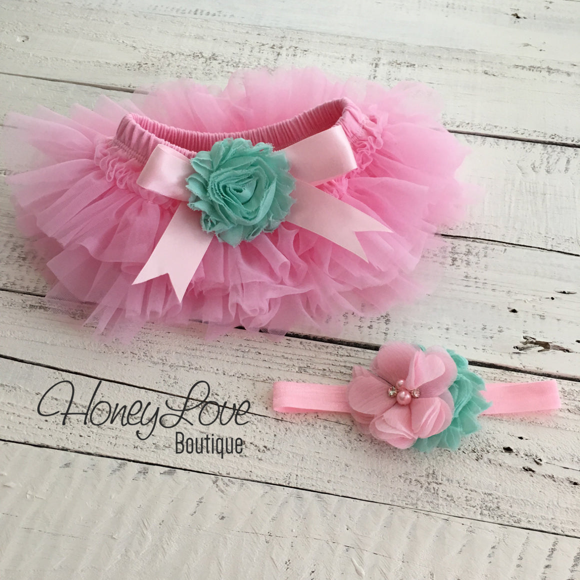 Light Pink and Mint/Aqua Embellished tutu skirt bloomers and headband - HoneyLoveBoutique