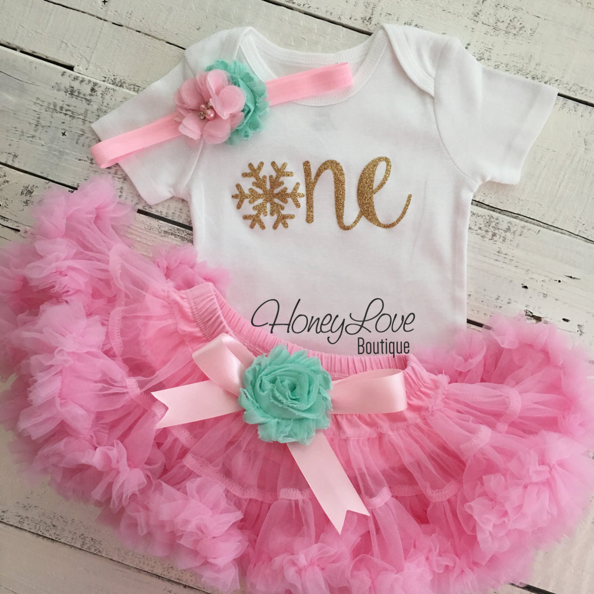 Winter ONEderland 1st Birthday outfit - Light Pink, Mint/Aqua and Gold glitter - HoneyLoveBoutique