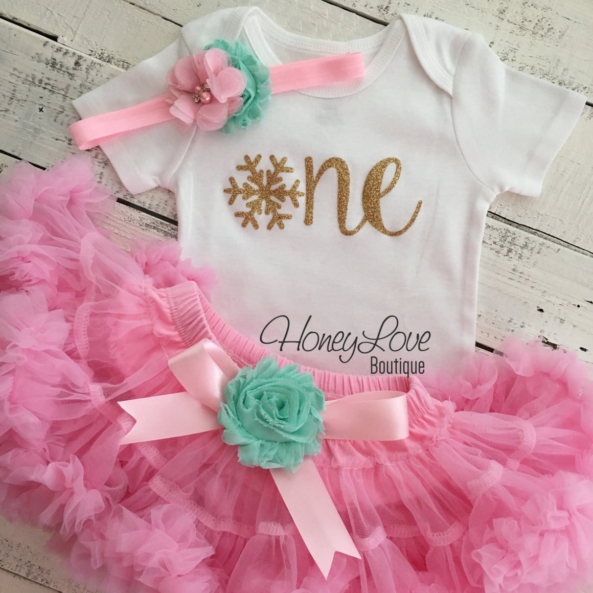 Winter ONEderland 1st Birthday outfit - Light Pink, Mint/Aqua and Gold glitter - HoneyLoveBoutique