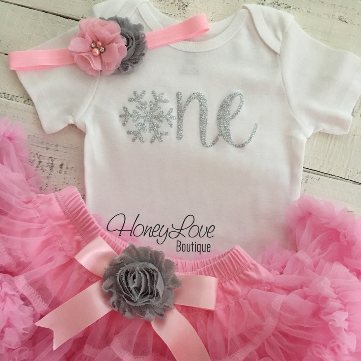 Winter ONEderland 1st Birthday outfit - Light Pink, Gray and Silver glitter - HoneyLoveBoutique