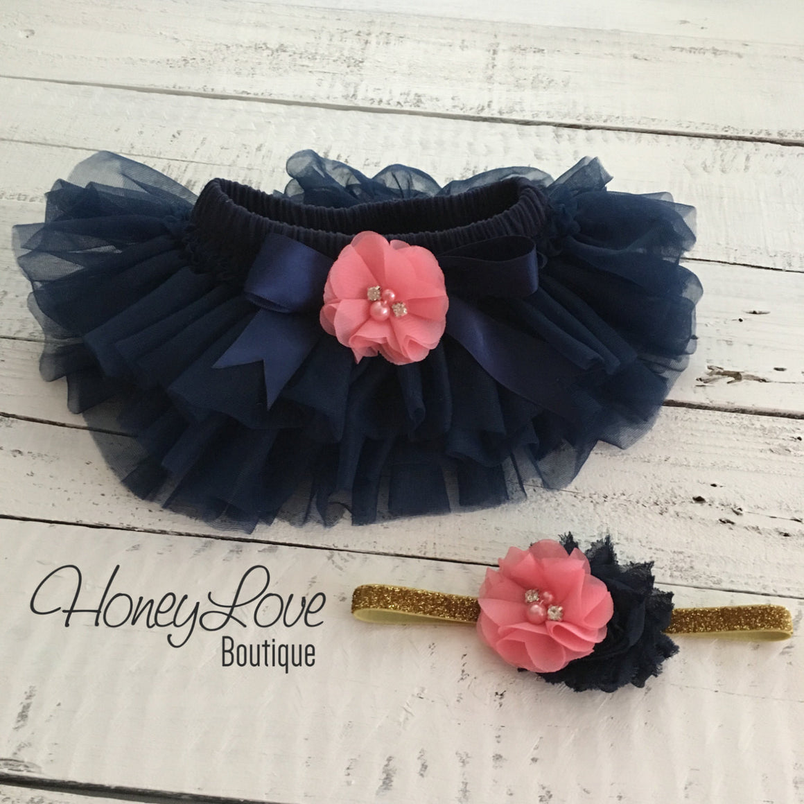 Navy Blue tutu skirt bloomers - embellished Coral pink rhinestone/pearl flower - with matching headband - HoneyLoveBoutique