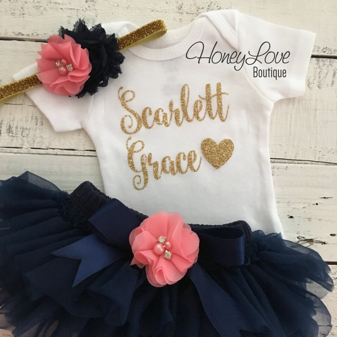 PERSONALIZED Name Outfit -  Navy Blue and Gold Glitter - Coral Pink rhinestone/pearl flower embellished tutu skirt bloomers - HoneyLoveBoutique