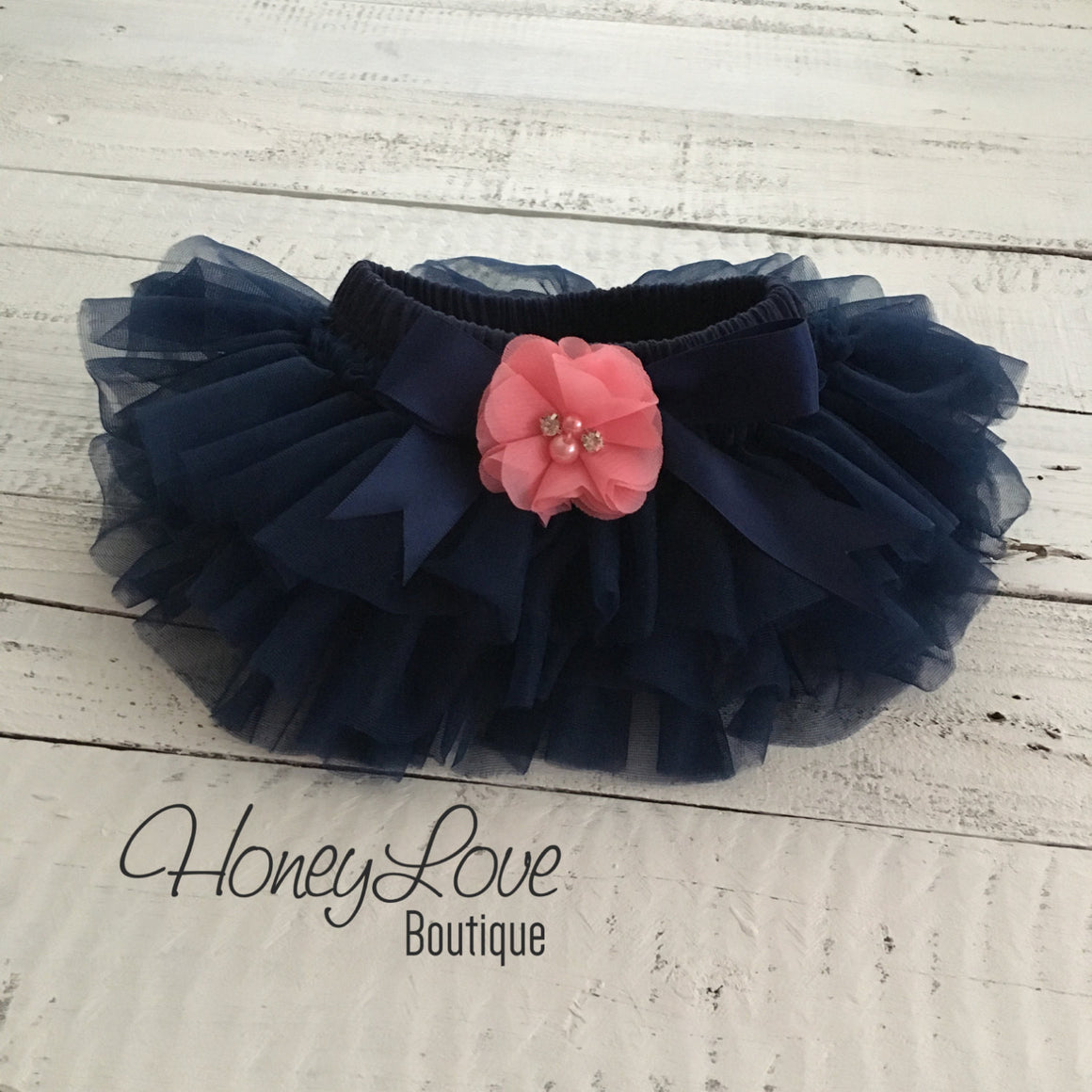 PERSONALIZED Name Outfit -  Navy Blue and Gold Glitter - Coral Pink rhinestone/pearl flower embellished tutu skirt bloomers - HoneyLoveBoutique