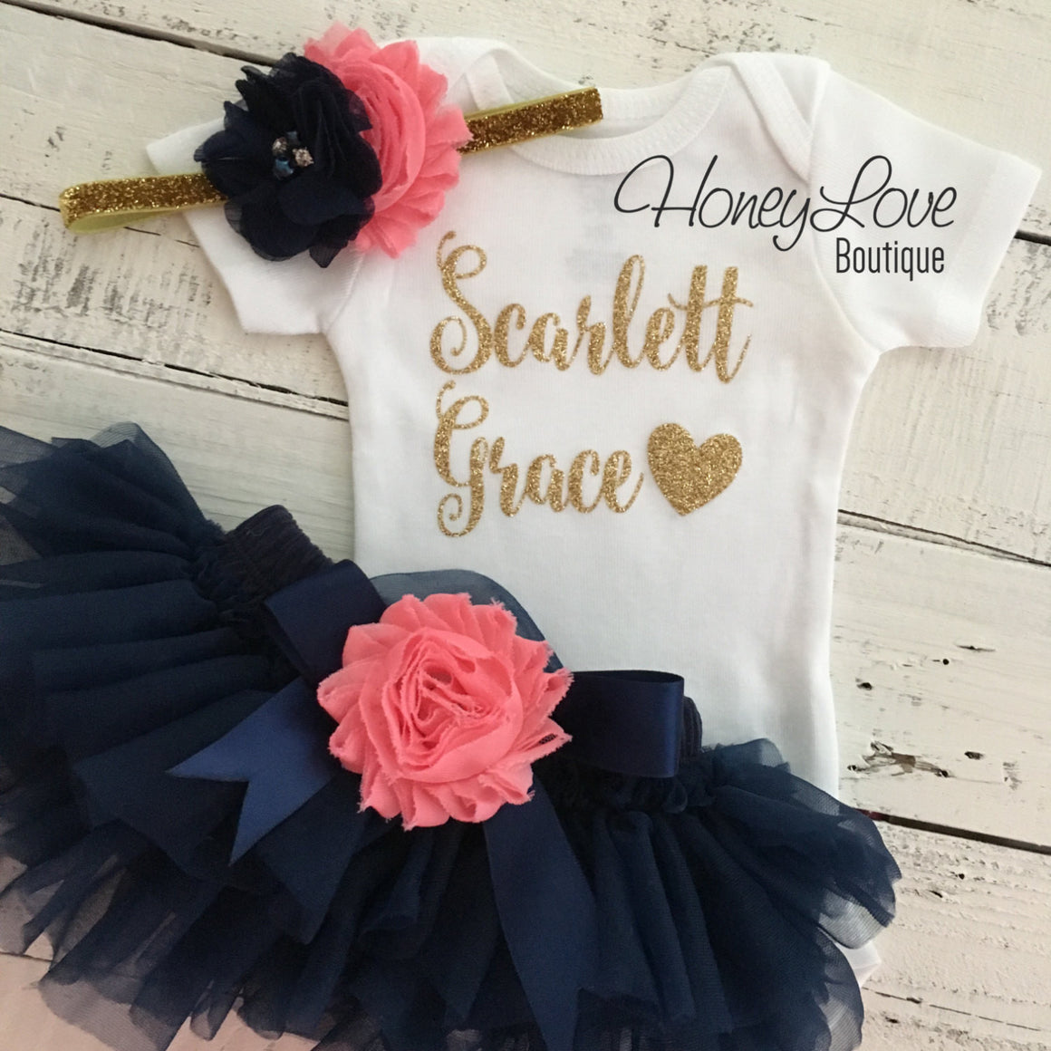 PERSONALIZED Name Outfit - Navy Blue and Gold Glitter - Coral pink shabby flower embellished tutu skirt bloomers - HoneyLoveBoutique