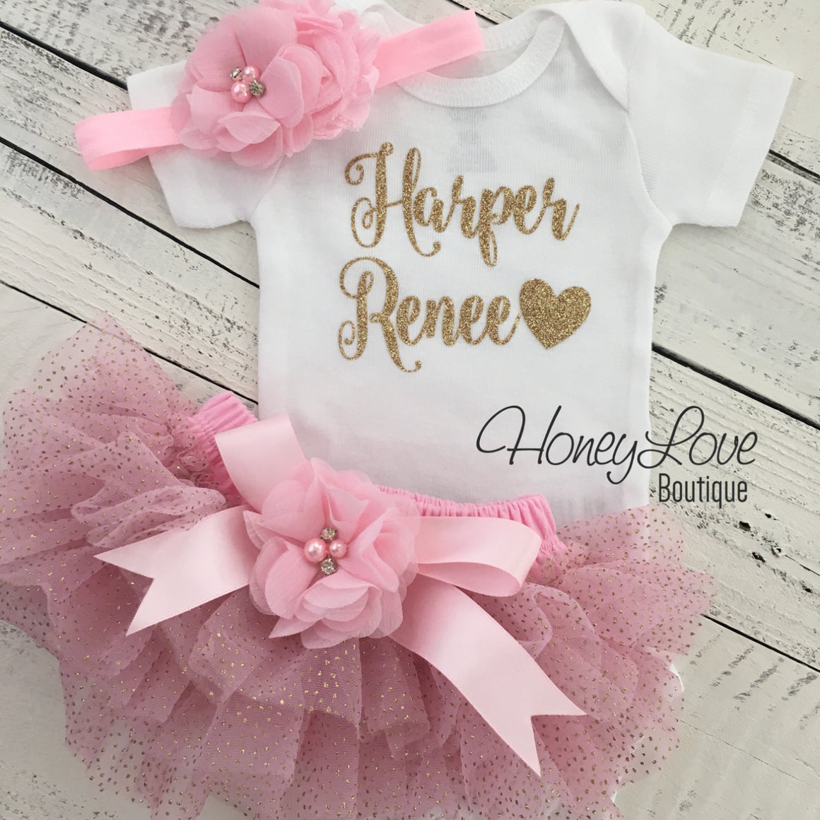 PERSONALIZED Name Outfit - Light Pink and Gold Glitter - embellished tutu skirt bloomers - HoneyLoveBoutique