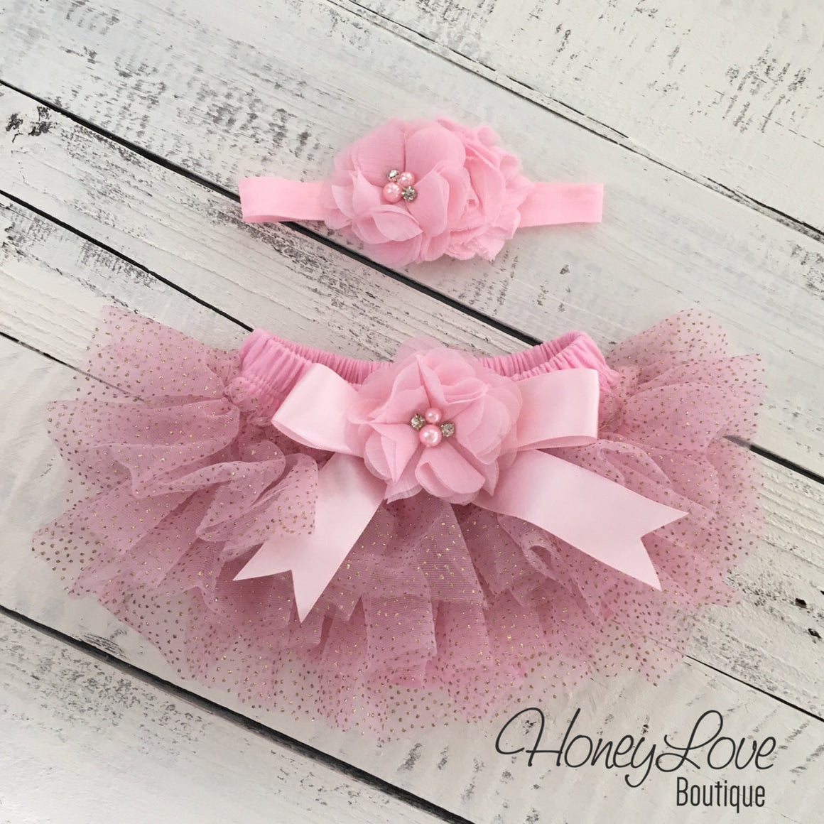 Light Pink with gold glitter embellished tutu skirt bloomers and matching headband - HoneyLoveBoutique