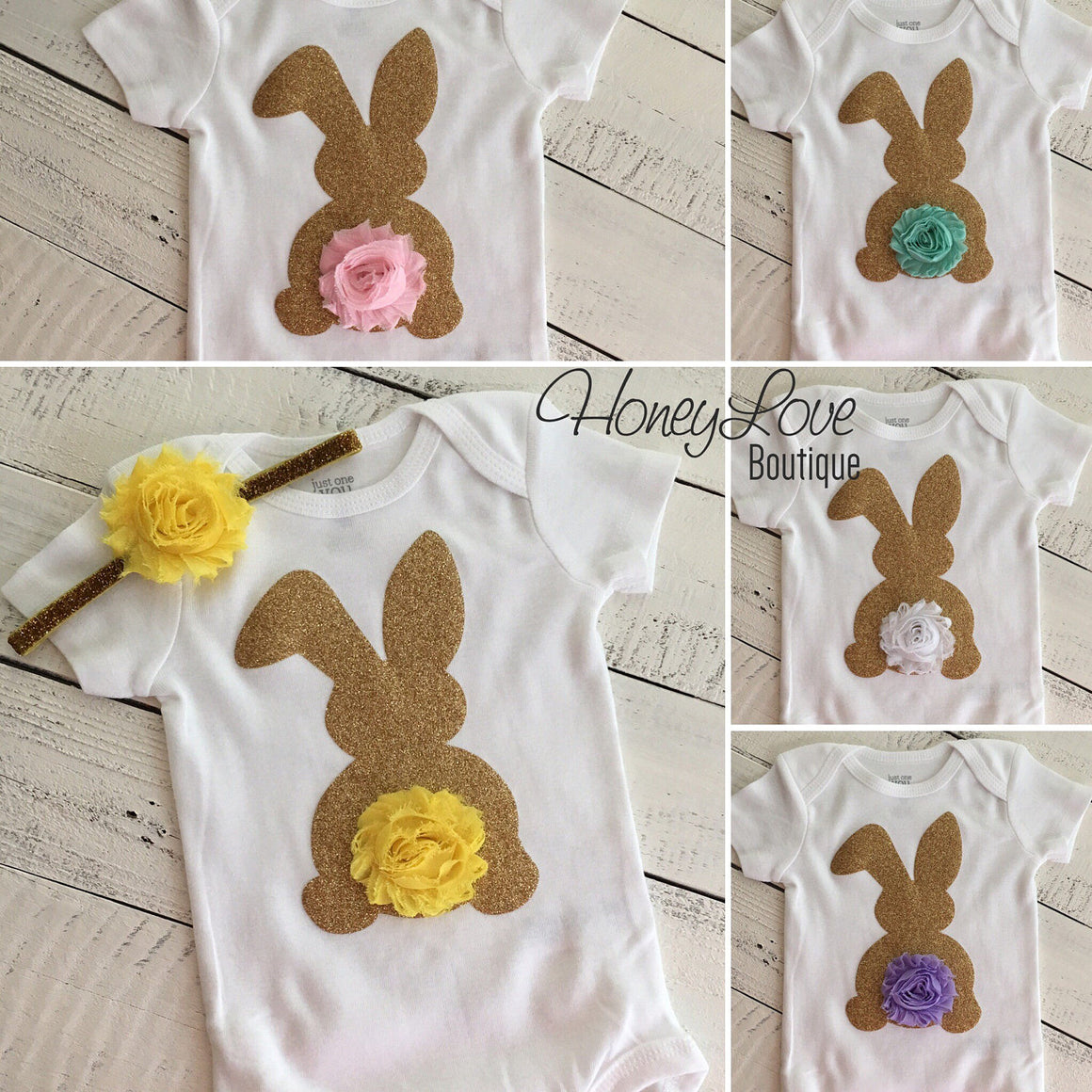 Easter Bunny glitter bodysuit - optional headband - HoneyLoveBoutique