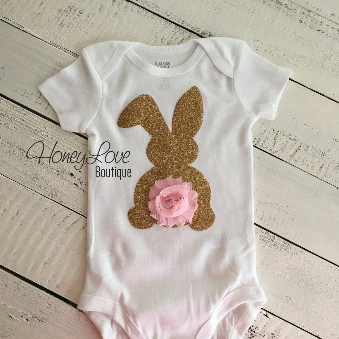 Easter Bunny glitter bodysuit - optional headband - HoneyLoveBoutique