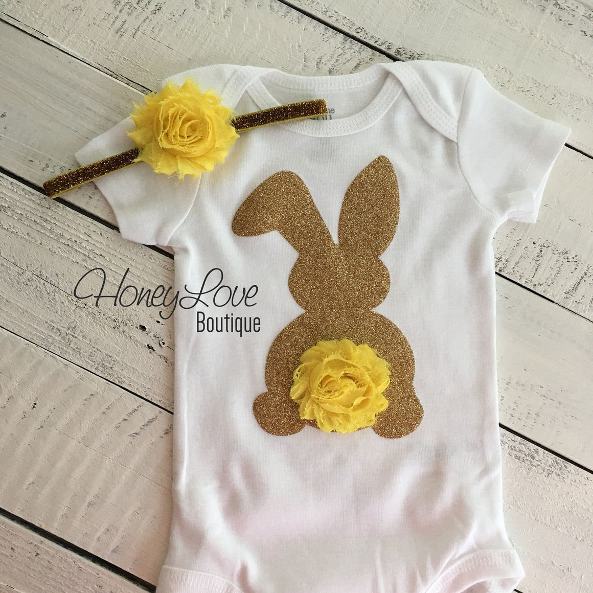 Easter Bunny glitter bodysuit - optional headband - HoneyLoveBoutique