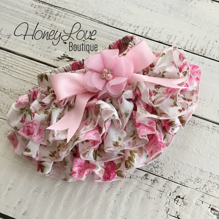 Pink Floral Satin Bloomers - Embellished bow - HoneyLoveBoutique