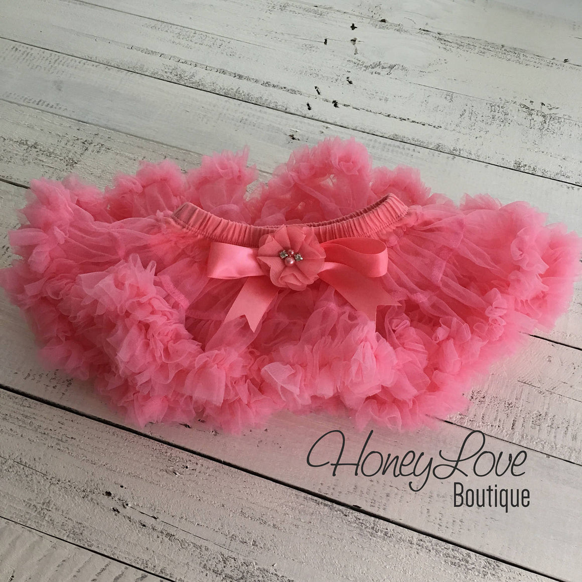Coral Pink Pettiskirt - embellished flower - HoneyLoveBoutique