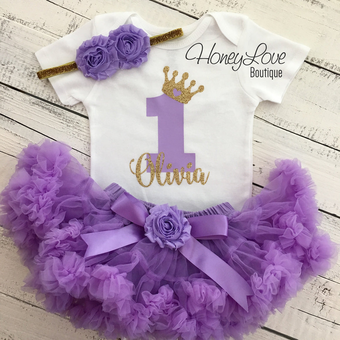 Personalized 1st Birthday Princess outfit - Gold glitter and Lavender Purple - embellished pettiskirt - HoneyLoveBoutique