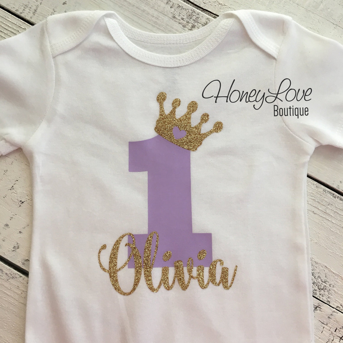 Personalized First Birthday Princess Bodysuit - Lavender Purple and Silver glitter - HoneyLoveBoutique