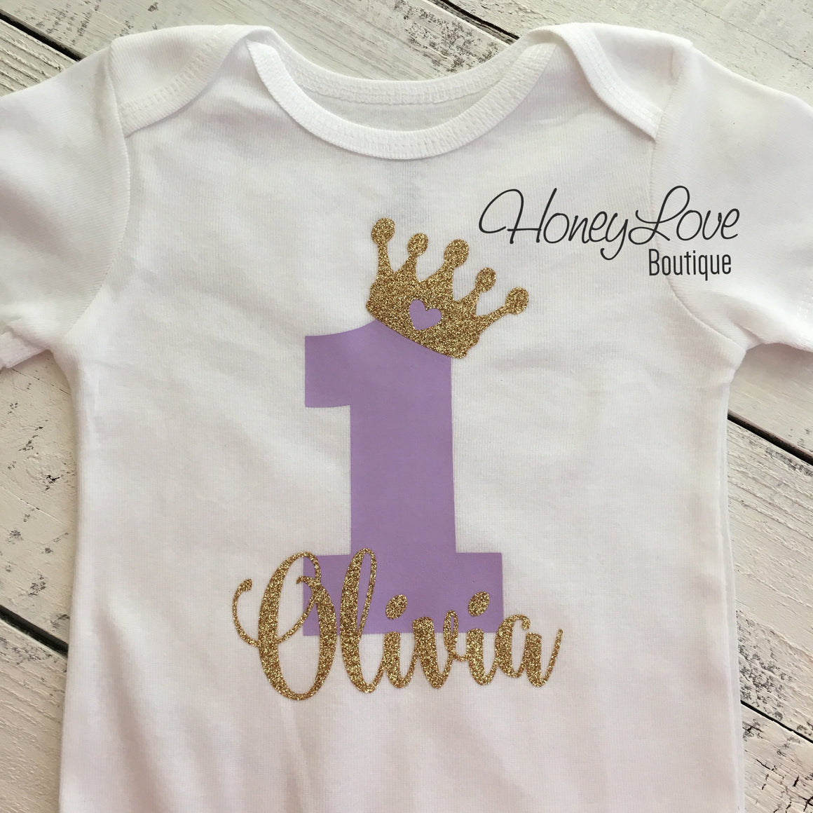 Personalized First Birthday Princess Bodysuit - Lavender Purple and Gold glitter - HoneyLoveBoutique