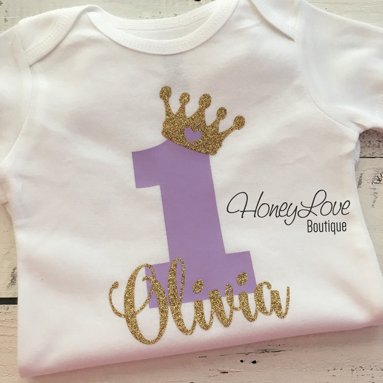 Personalized First Birthday Princess Bodysuit - Lavender Purple and Gold glitter - HoneyLoveBoutique