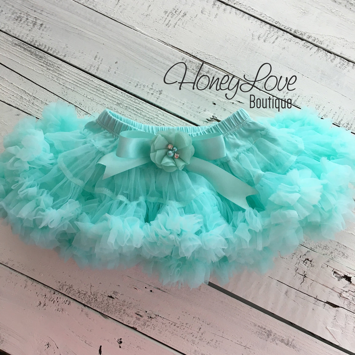 Mint/Aqua Pettiskirt - embellished flower - HoneyLoveBoutique