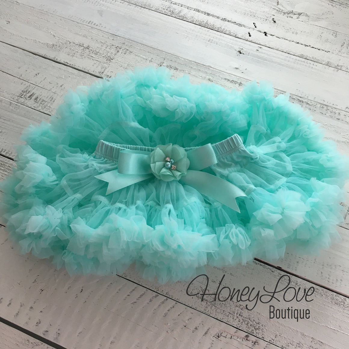 Mint/Aqua Pettiskirt - embellished flower - HoneyLoveBoutique