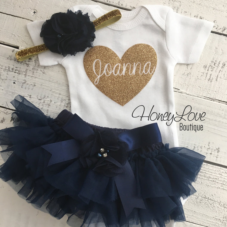 PERSONALIZED Name inside Heart - Gold glitter and Navy Blue - embellished tutu skirt bloomers - HoneyLoveBoutique