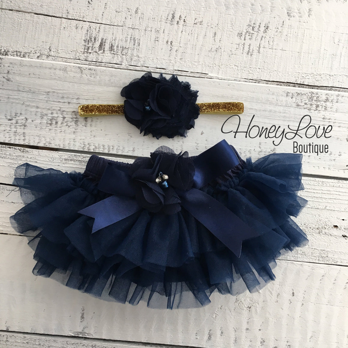 PERSONALIZED Name inside Heart - Gold glitter and Navy Blue - embellished tutu skirt bloomers - HoneyLoveBoutique