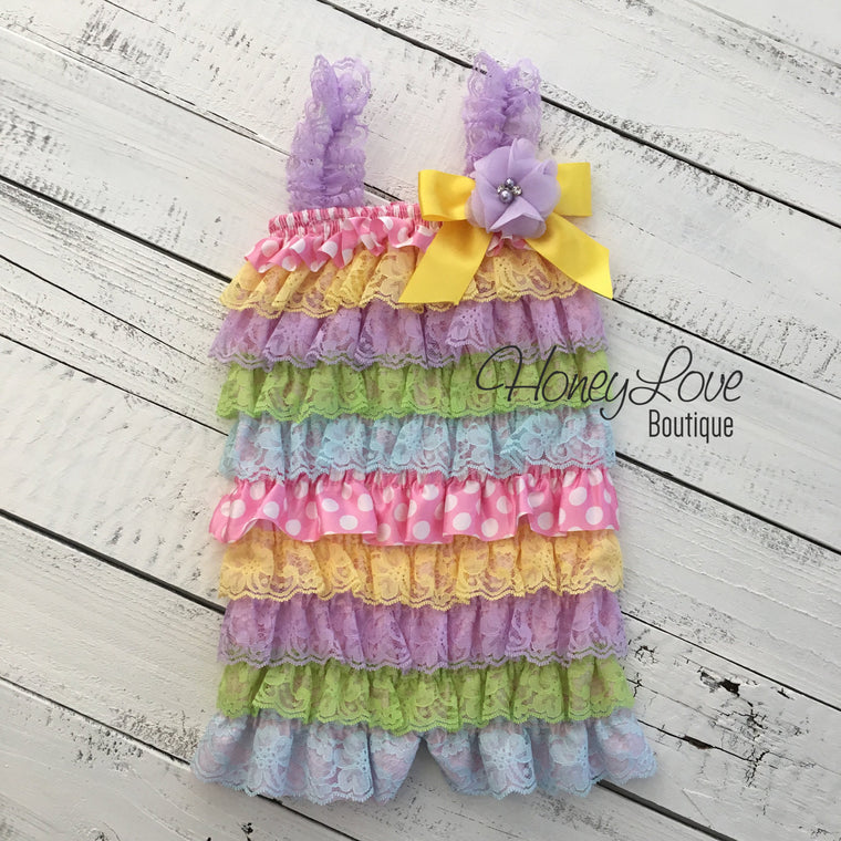 Satin & Lace Petti Romper - Easter Pastels - with lavender flower embellishment - HoneyLoveBoutique