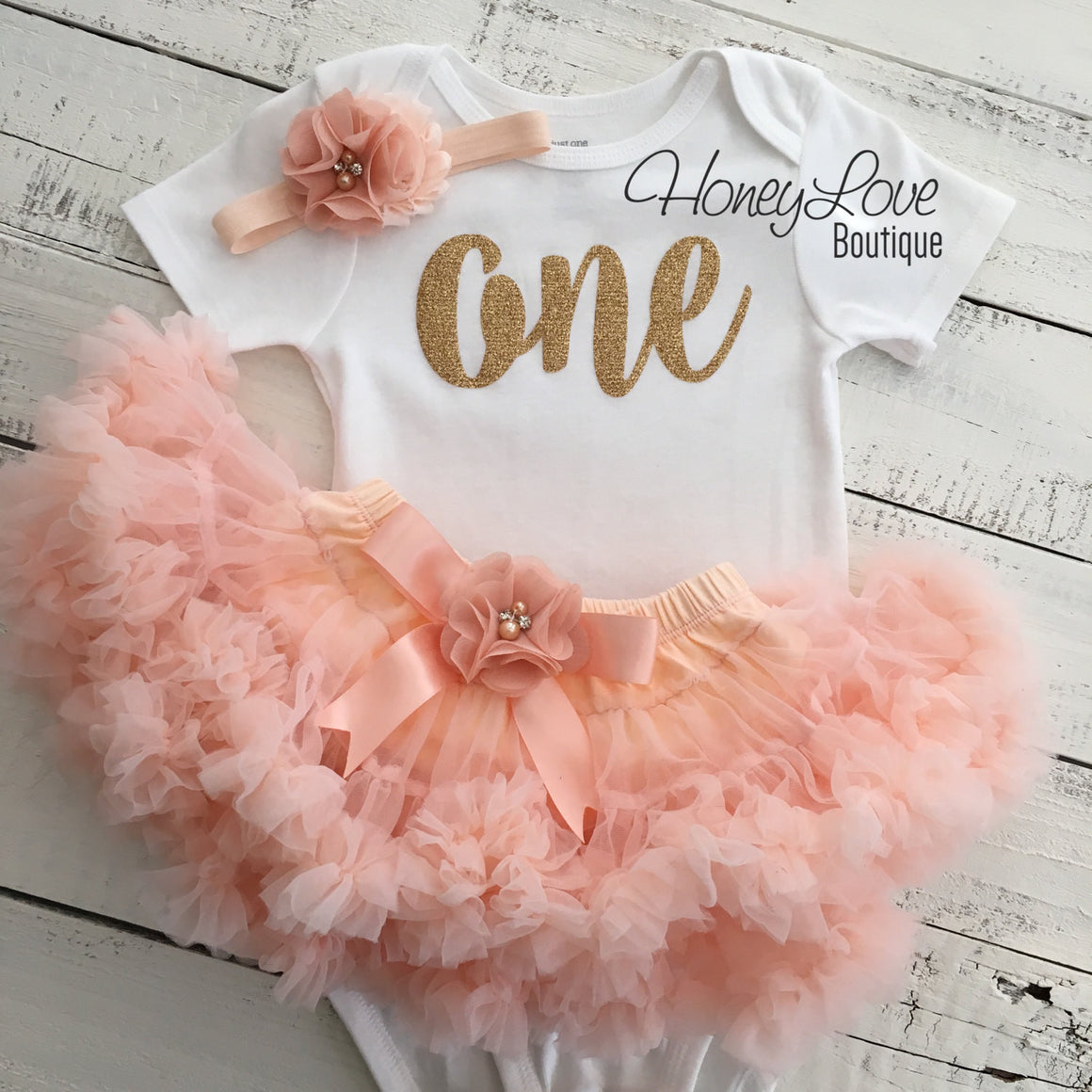 One - Birthday Outfit - Gold glitter and Peach - embellished pettiskirt - HoneyLoveBoutique