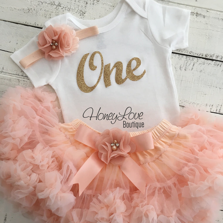 One - Birthday Outfit - Gold glitter and Peach - embellished pettiskirt - HoneyLoveBoutique