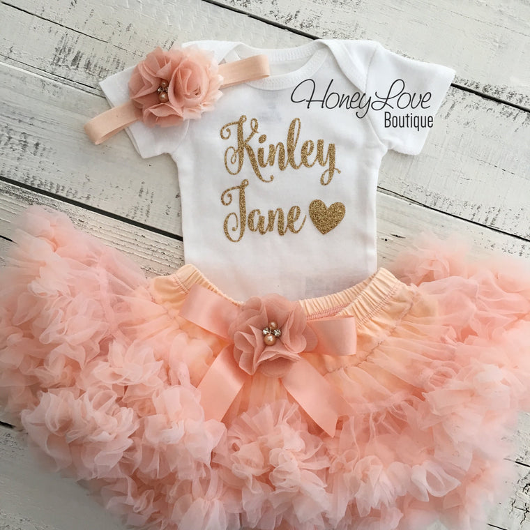 PERSONALIZED Name Outfit - Gold Glitter and Peach Pettiskirt - embellished pettiskirt - HoneyLoveBoutique