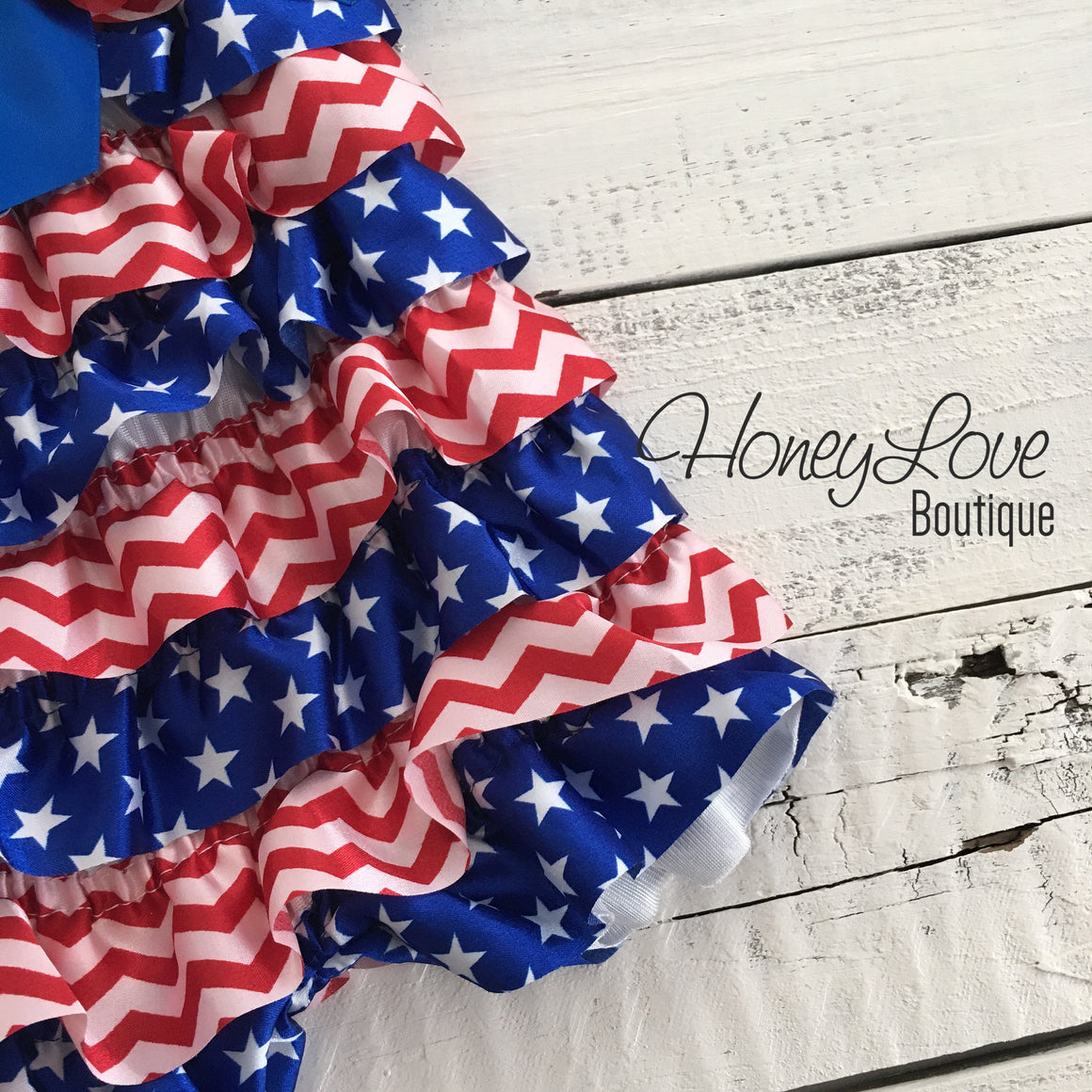 Satin & Lace Petti Romper - Patriotic, Stars - Red, White and Blue - with flower embellishment - HoneyLoveBoutique