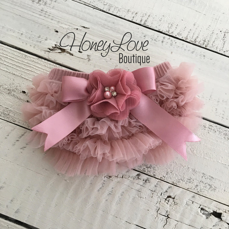 Vintage Pink Ruffle Bottom Bloomers - embellished flower - HoneyLoveBoutique