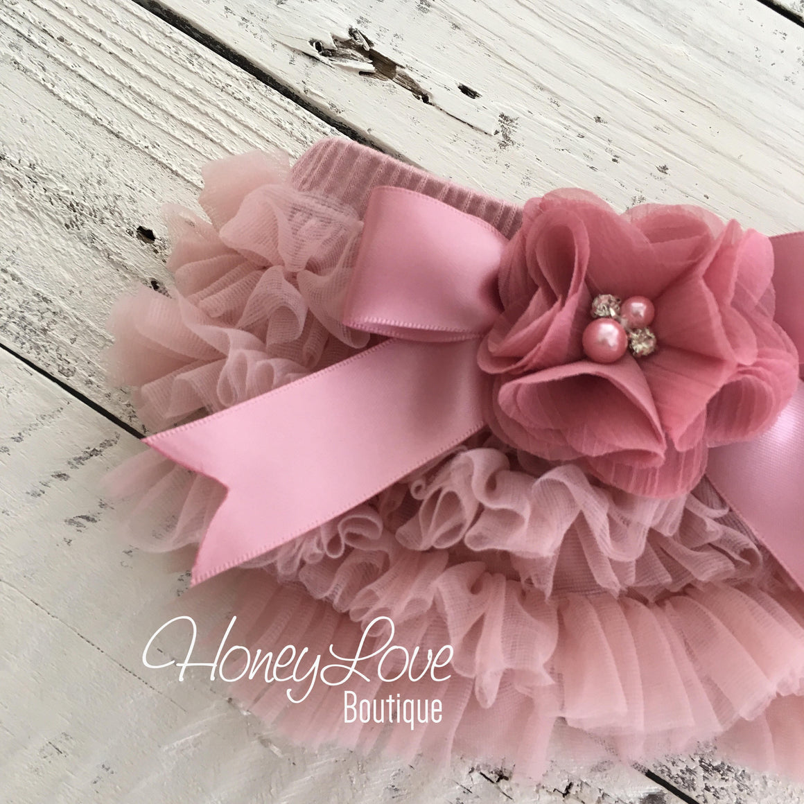Vintage Pink Ruffle Bottom Bloomers - embellished flower - HoneyLoveBoutique