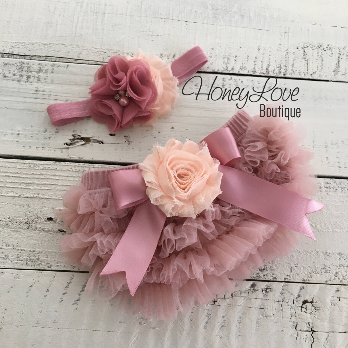 Vintage Pink ruffle bottom bloomers and vintage pink/peach flower headband - embellished flower - HoneyLoveBoutique