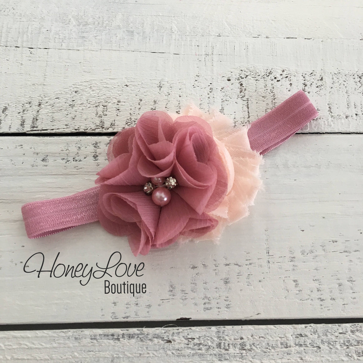 Vintage Pink ruffle bottom bloomers and vintage pink/peach flower headband - embellished flower - HoneyLoveBoutique