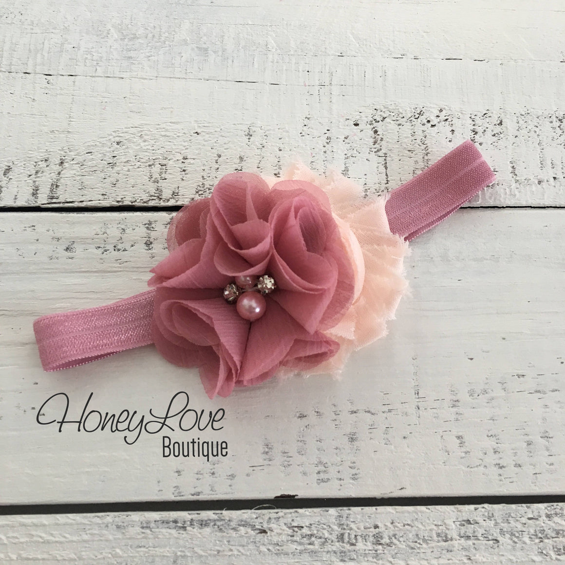 Vintage Pink and Peach shabby chiffon flower rhinestone/pearl headband - HoneyLoveBoutique