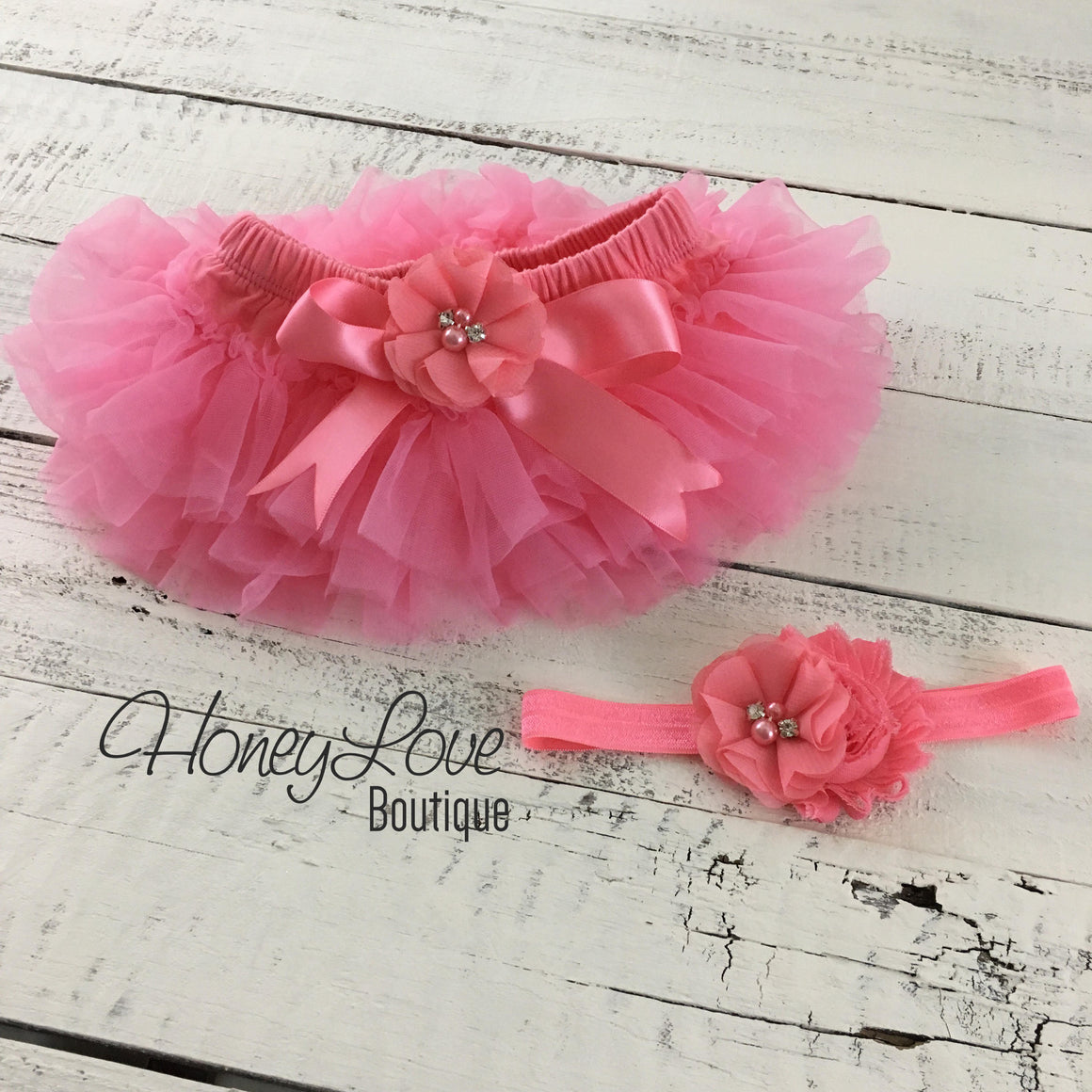 Coral Pink embellished tutu skirt bloomers and matching headband - HoneyLoveBoutique