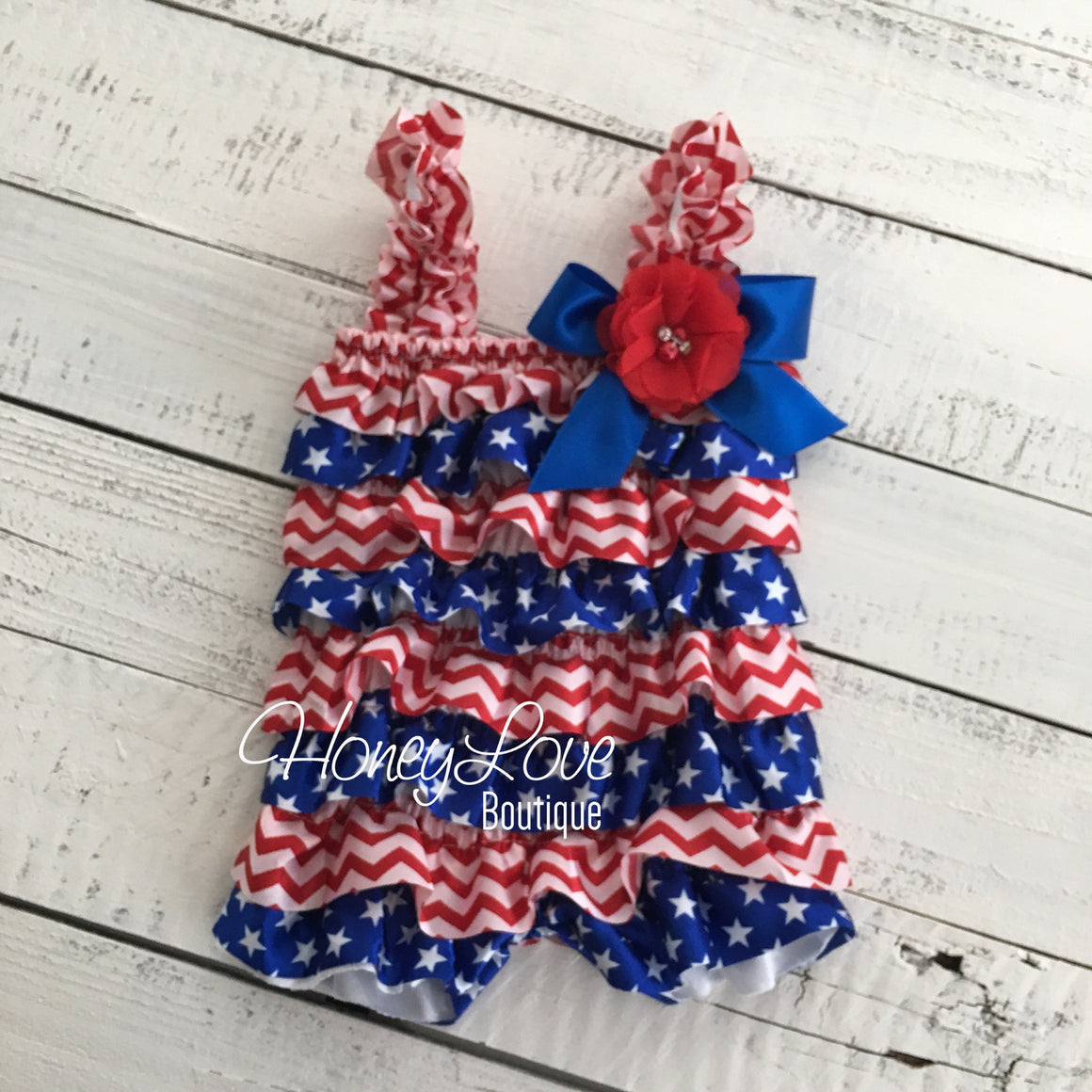 Satin & Lace Petti Romper - Patriotic, Stars - Red, White and Blue - with flower embellishment - HoneyLoveBoutique