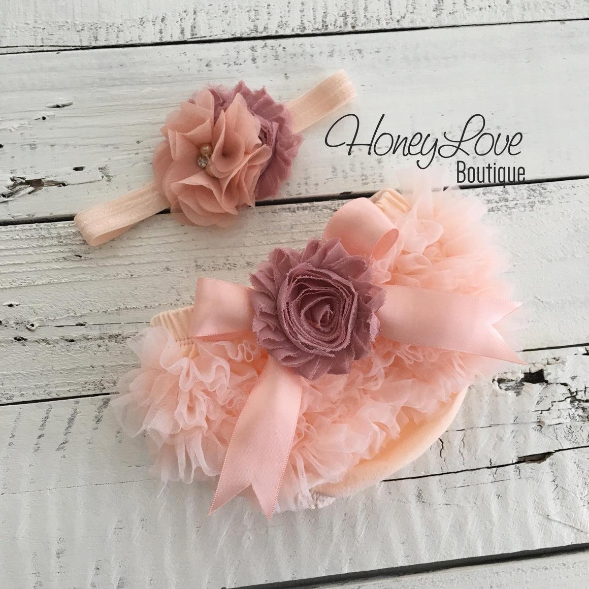 Peach ruffle bottom bloomers - vintage pink and peach headband - embellished flower - HoneyLoveBoutique